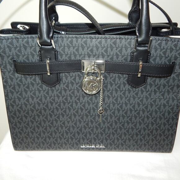 MICHAEL KORS HAMILTON Signature MK Logo Medium Black Satchel Shoulder Bag NWT - Picture 12 of 14